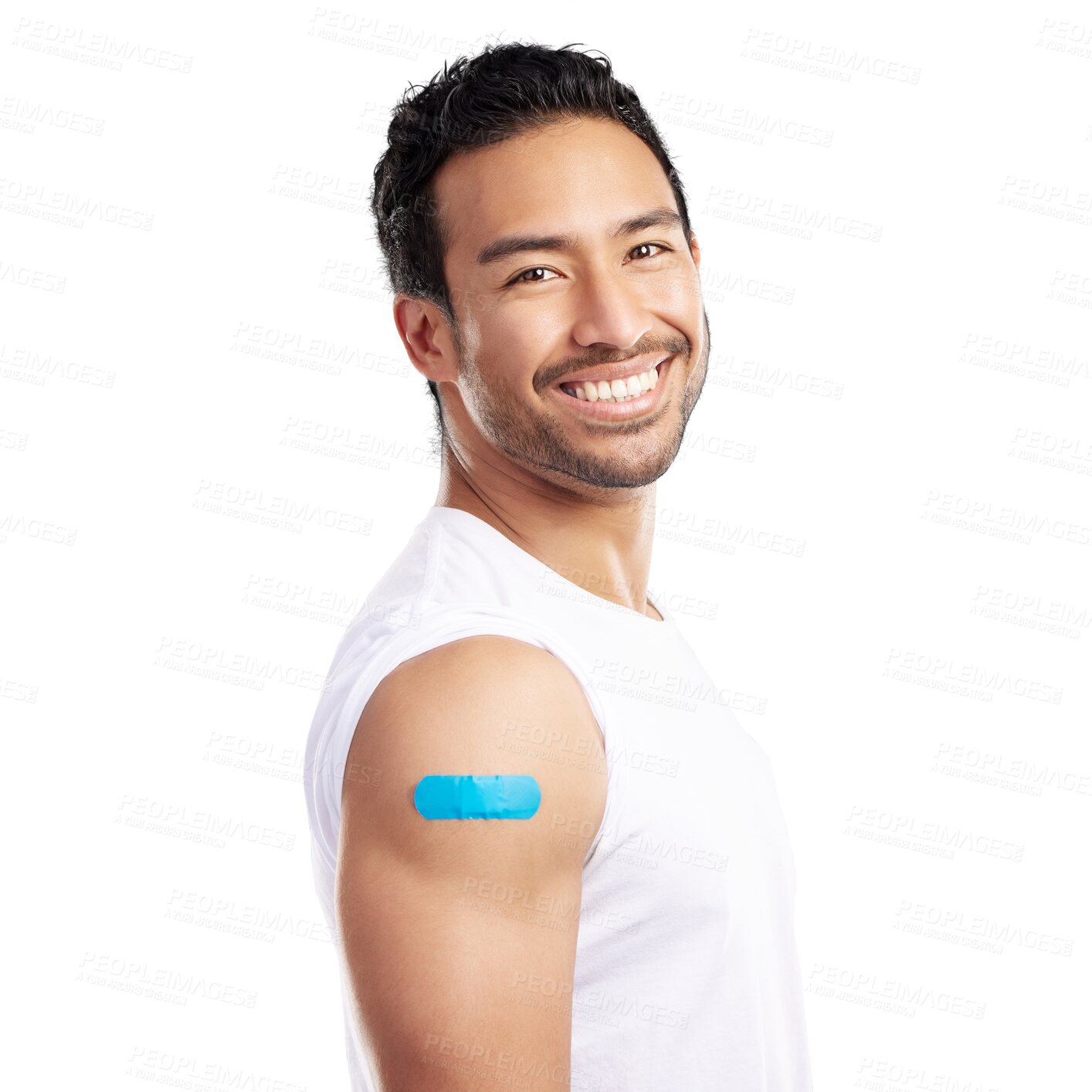 Buy stock photo Portrait, Asian man or smile with plaster for vaccination, immunization or injection for COVID 19. Male person, happy and proud of corona virus vaccines on isolated transparent png background