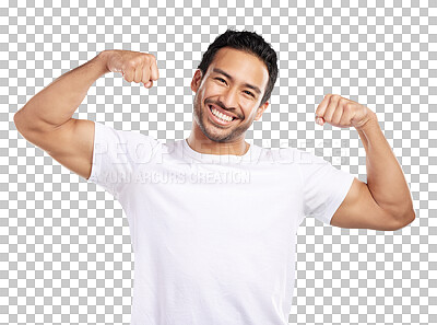 Buy stock photo Man, muscle and champion in portrait, flexing biceps for fitness and strong isolated on png transparent background. Asian winner, pride and fist, workout and testosterone for competition with power