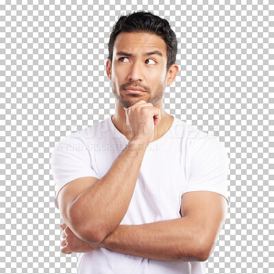 Buy stock photo Man, thinking and confused with doubt and questions, problem solving for solution isolated on png transparent background. Memory, thought and remember with ideas, choice or decision for clarity
