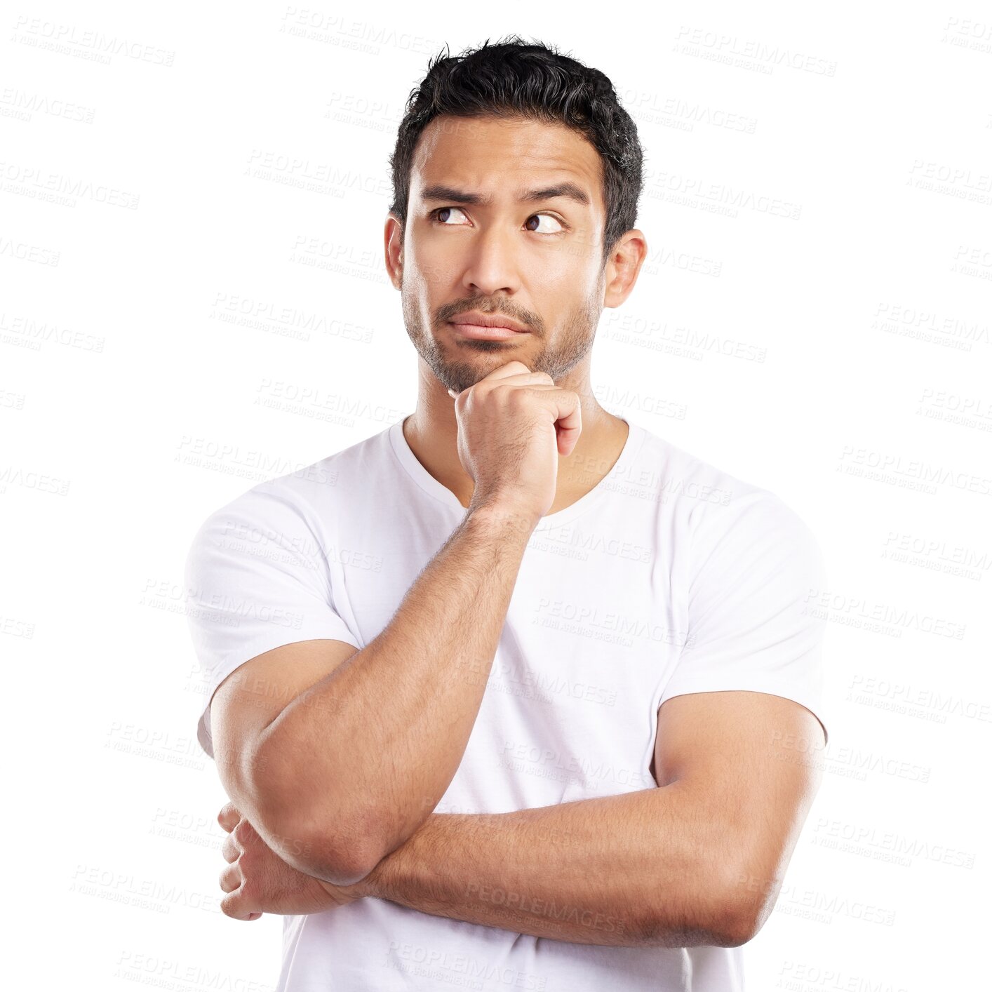 Buy stock photo Man, thinking and confused with doubt and questions, problem solving for solution isolated on png transparent background. Memory, thought and remember with ideas, choice or decision for clarity