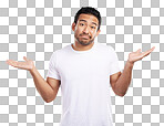 Handsome young mixed race man shrugging his shoulders while standing in studio isolated against a blue background. Confused hispanic male looking lost or clueless and making a, "So what?"  gesture