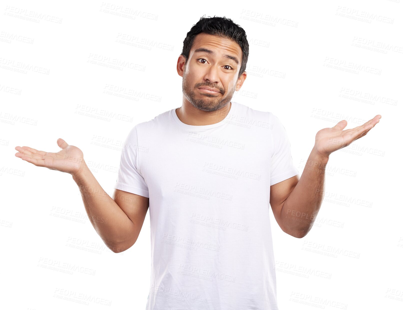 Buy stock photo Portrait, man and hands up in confusion, ignorance and isolated transparent png background. Male person, lost and clueless with shrugging shoulders with squinting expression, doubt and frown