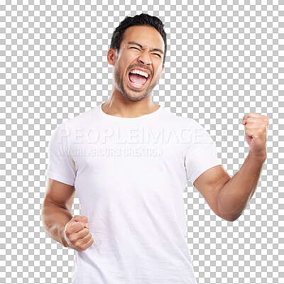 Buy stock photo Isolated man, happy and fist celebration, success and goals with shout by transparent png background. Asian person, model and winner with cheers, clothes and excited for giveaway prize in Indonesia