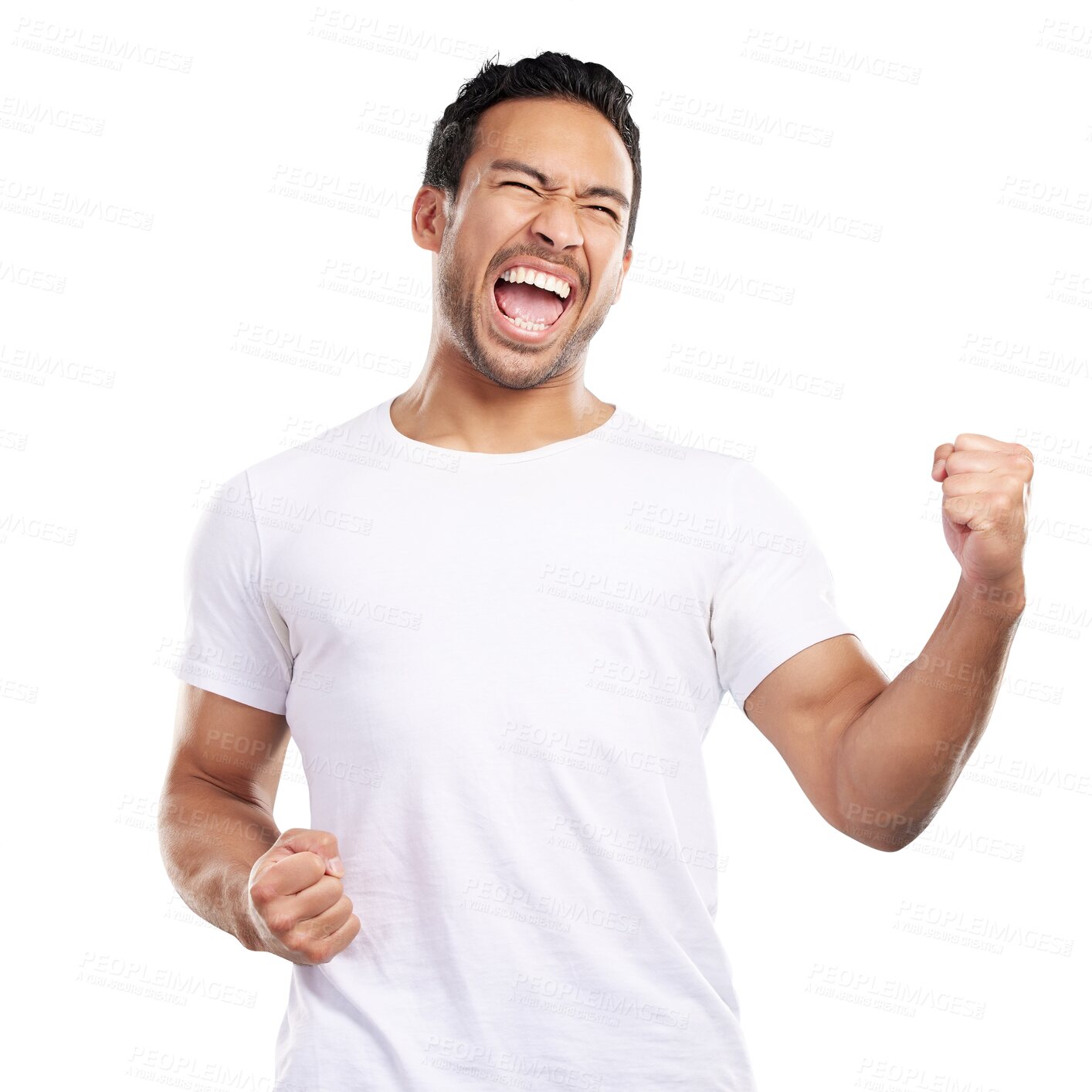 Buy stock photo Isolated man, happy and fist celebration, success and goals with shout by transparent png background. Asian person, model and winner with cheers, clothes and excited for giveaway prize in Indonesia