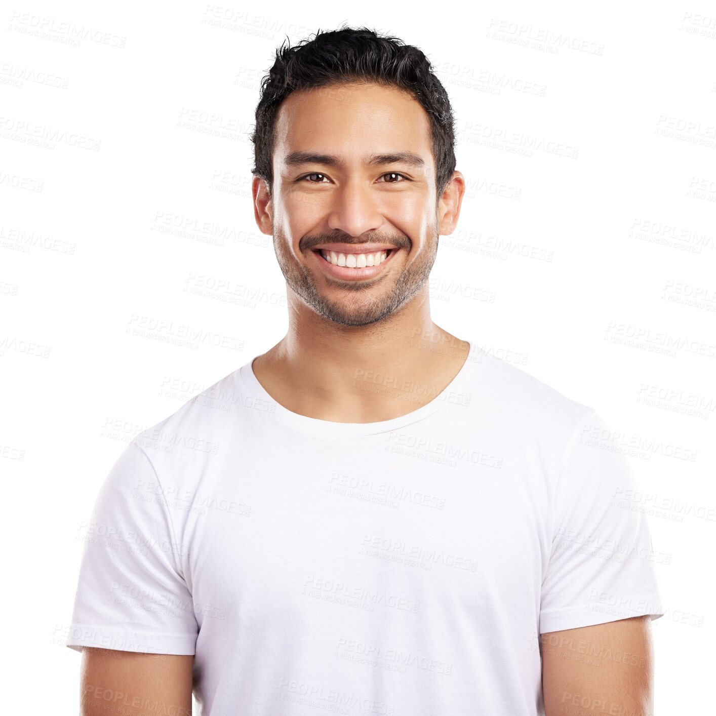 Buy stock photo Happy man, isolated and smile in portrait with confidence, fashion style or transparent png background. Face of Asian person, male model and casual guy with t shirt, clothes and pride in Indonesia