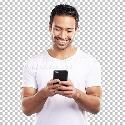 Buy stock photo Isolated man, phone and texting with smile for web chat, contact or reading by transparent png background. Asian person, smartphone and happy with blog, typing and blog with social media in Indonesia