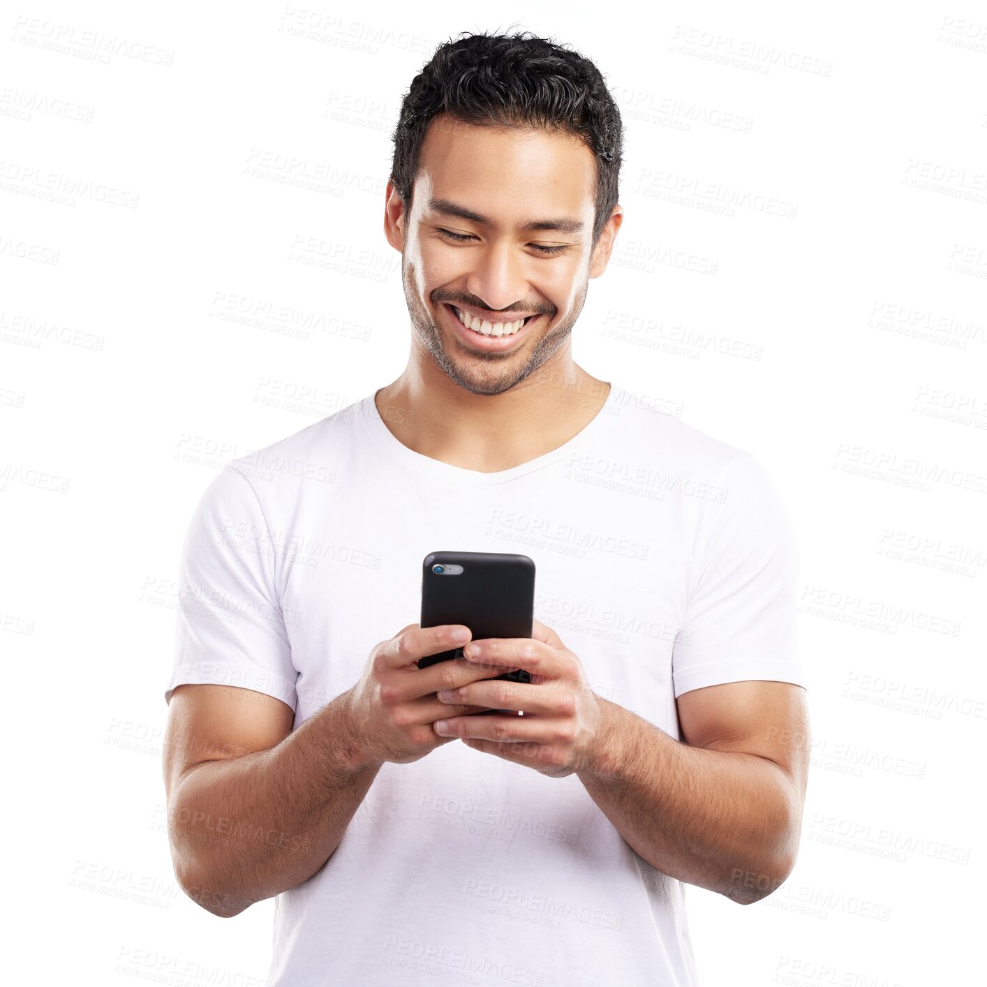 Buy stock photo Isolated man, phone and texting with smile for web chat, contact or reading by transparent png background. Asian person, smartphone and happy with blog, typing and blog with social media in Indonesia