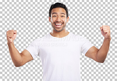 Buy stock photo Isolated man, smile and portrait for fist celebration, success and goals by transparent png background. Asian person, model and winner with cheers, clothes and happy for giveaway prize in Indonesia