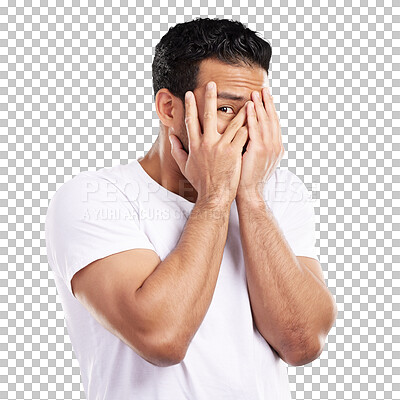 Buy stock photo Peek, fingers and man with fear or scared, danger and caution with hands covering face isolated on png transparent background. Horror, terror and crisis, hiding from drama and terrified with shame