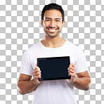 Handsome young mixed race man holding his digital tablet while standing in studio isolated against a blue background. Hispanic male showing you a website or product on his wireless device screen