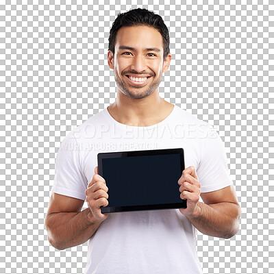 Buy stock photo Man, tablet and screen in portrait with space for mock up, promotion and isolated by transparent png background. Person, happy and digital touchscreen with ui, user experience and app in Indonesia