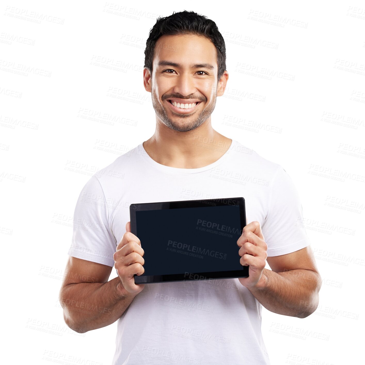 Buy stock photo Man, tablet and screen in portrait with space for mock up, promotion and isolated by transparent png background. Person, happy and digital touchscreen with ui, user experience and app in Indonesia