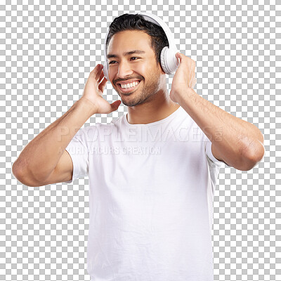 Buy stock photo Isolated man, headphones and smile for music, streaming subscription and transparent png background. Person, Asian guy and listen with audio tech for sound, radio or happy for song choice in Jakarta