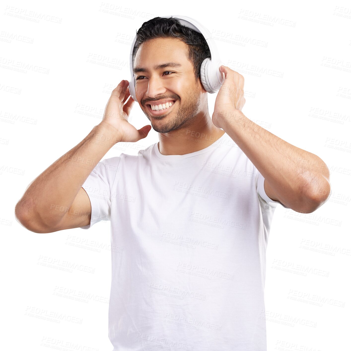 Buy stock photo Isolated man, headphones and smile for music, streaming subscription and transparent png background. Person, Asian guy and listen with audio tech for sound, radio or happy for song choice in Jakarta