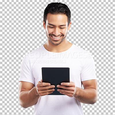 Buy stock photo Isolated man, tablet and texting with smile for web chat, contact or reading by transparent png background. Asian person, touchscreen and happy with blog, typing and app for social media in Indonesia