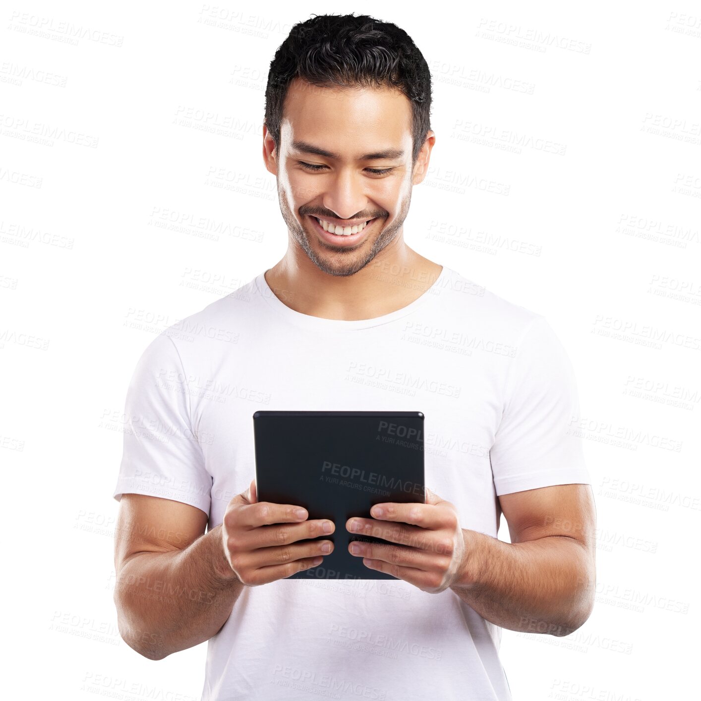 Buy stock photo Isolated man, tablet and texting with smile for web chat, contact or reading by transparent png background. Asian person, touchscreen and happy with blog, typing and app for social media in Indonesia