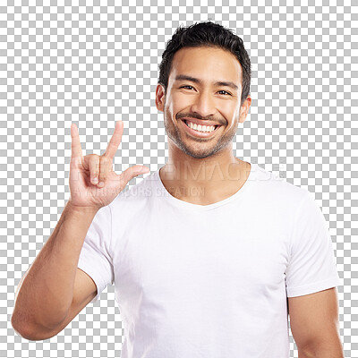 Buy stock photo Man, portrait and punk with rock hand sign, emoji or sign language for I love you isolated on png transparent background. Signal, icon and gesture with smile, symbol or expression with rockstar