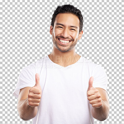 Buy stock photo Isolated man, thumbs up and happy in portrait for choice, feedback and yes symbol by transparent png background. Asian person, agreement and hand sign with decision, emoji and smile in Indonesia