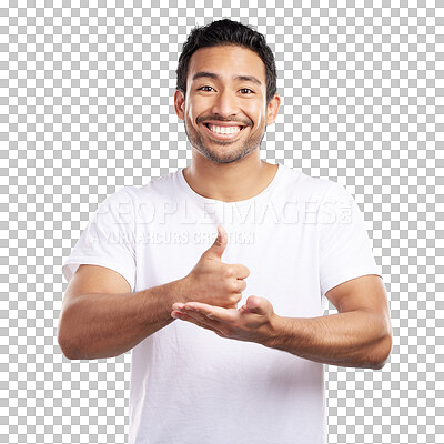 Buy stock photo Man, portrait and smile with thumbs up for agreement, feedback or review with like emoji isolated on png transparent background. Yes, success and support with hand gesture for OK sign and praise