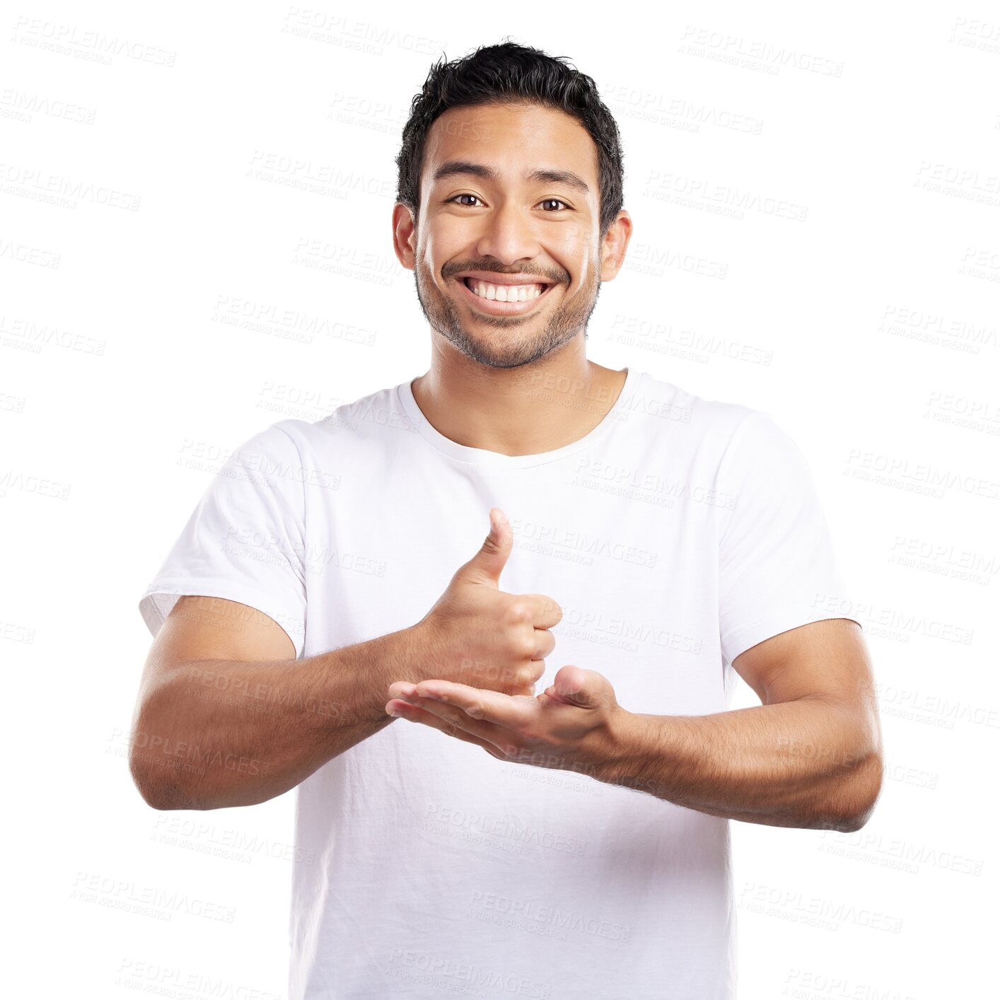 Buy stock photo Man, portrait and smile with thumbs up for agreement, feedback or review with like emoji isolated on png transparent background. Yes, success and support with hand gesture for OK sign and praise