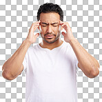 Handsome young mixed race man suffering from a headache with his eyes closed while standing in studio isolated against a blue background. Hispanic male struggling with a migraine and feeling sick