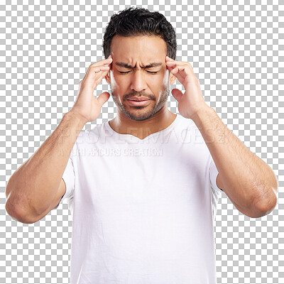 Buy stock photo Isolated man, headache and stress with hands for temple massage for relief by transparent png background. Asian person, pain and fatigue with burnout, memory and tired with casual style in Indonesia