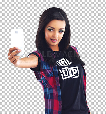 Buy stock photo Fashion, selfie or edgy woman with makeup, trendy style or cool clothes transparent png background. Post, female person, picture or isolated casual girl influencer in photo with t shirt, confidence