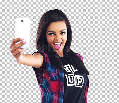 Buy stock photo Excited, woman and selfie for social media post, crazy or silly with goofy young influencer isolated on png transparent background. Profile picture, energy and smile for content creation with memory