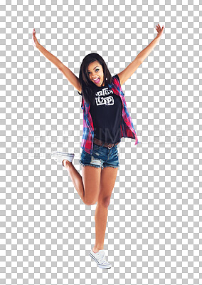 Buy stock photo Young woman, freedom and energy with fashion, excited with hip hop in portrait isolated on png transparent background. Streetwear, arms and leg up with fun and happiness, trendy clothes and style