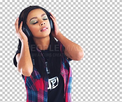 Buy stock photo Headphones, calm or cool woman listening to music, podcast or radio audio on subscription. Makeup, fashion or female person streaming song or sound isolated on transparent png background to relax