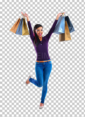 Buy stock photo Fashion, excited or portrait of woman with shopping bags for retail sale, offer or discount deal. Celebrate, rich or happy customer with gift, smile or promo isolated on transparent png background