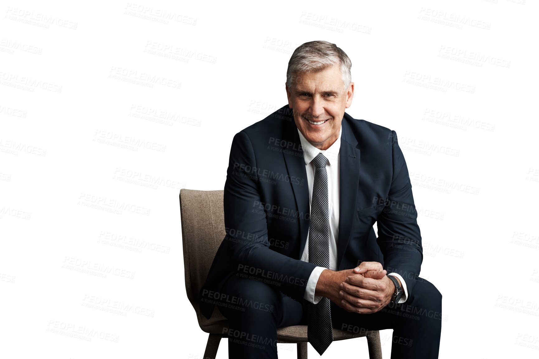 Buy stock photo Happy, senior and portrait of business man on chair on isolated, PNG and transparent background. Professional, corporate manager and mature person sitting with confidence, career and company pride