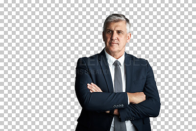 Buy stock photo Mature, businessman or thinking with confidence in career, arms crossed or planning in corporate job. Senior management, executive or professional with pride or isolated on transparent png background
