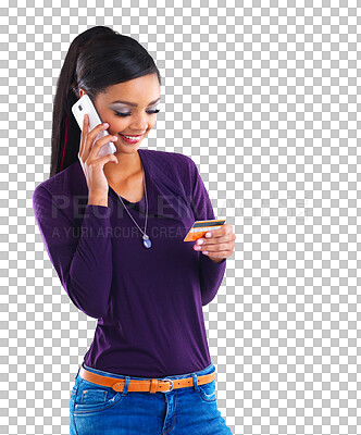 Buy stock photo Happy woman, isolated phone call or credit card for payment or online shopping on png background. Order, transparent or person talking on mobile with smile for ecommerce, account info or conversation