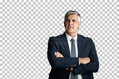 Buy stock photo Senior, man with arms crossed and executive thinking, business ideas and future isolated on png transparent background. Inspiration, problem solving and professional brainstorming with corporate CEO