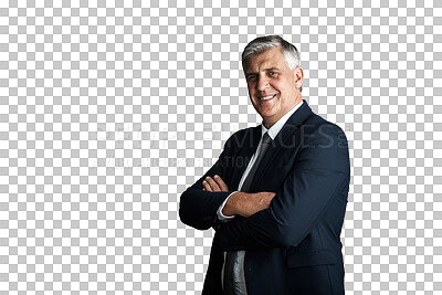 Buy stock photo Mature, businessman and arms crossed in portrait in corporate fashion and confident in formal suit. Senior manager, happy face or pride in professional style or isolated on transparent png background