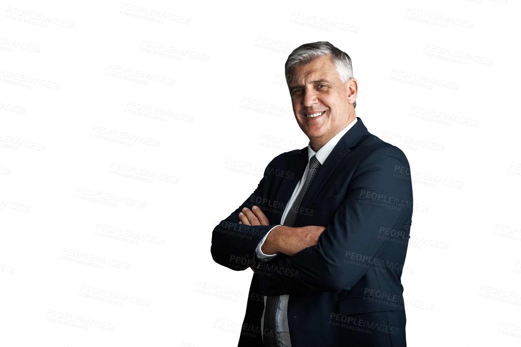 Buy stock photo Mature, businessman and arms crossed in portrait in corporate fashion and confident in formal suit. Senior manager, happy face or pride in professional style or isolated on transparent png background
