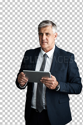 Buy stock photo Senior, businessman or tablet for thinking of company merger and acquisition for growth in industry. Mature manager, executive or internet research for idea or isolated on transparent png background