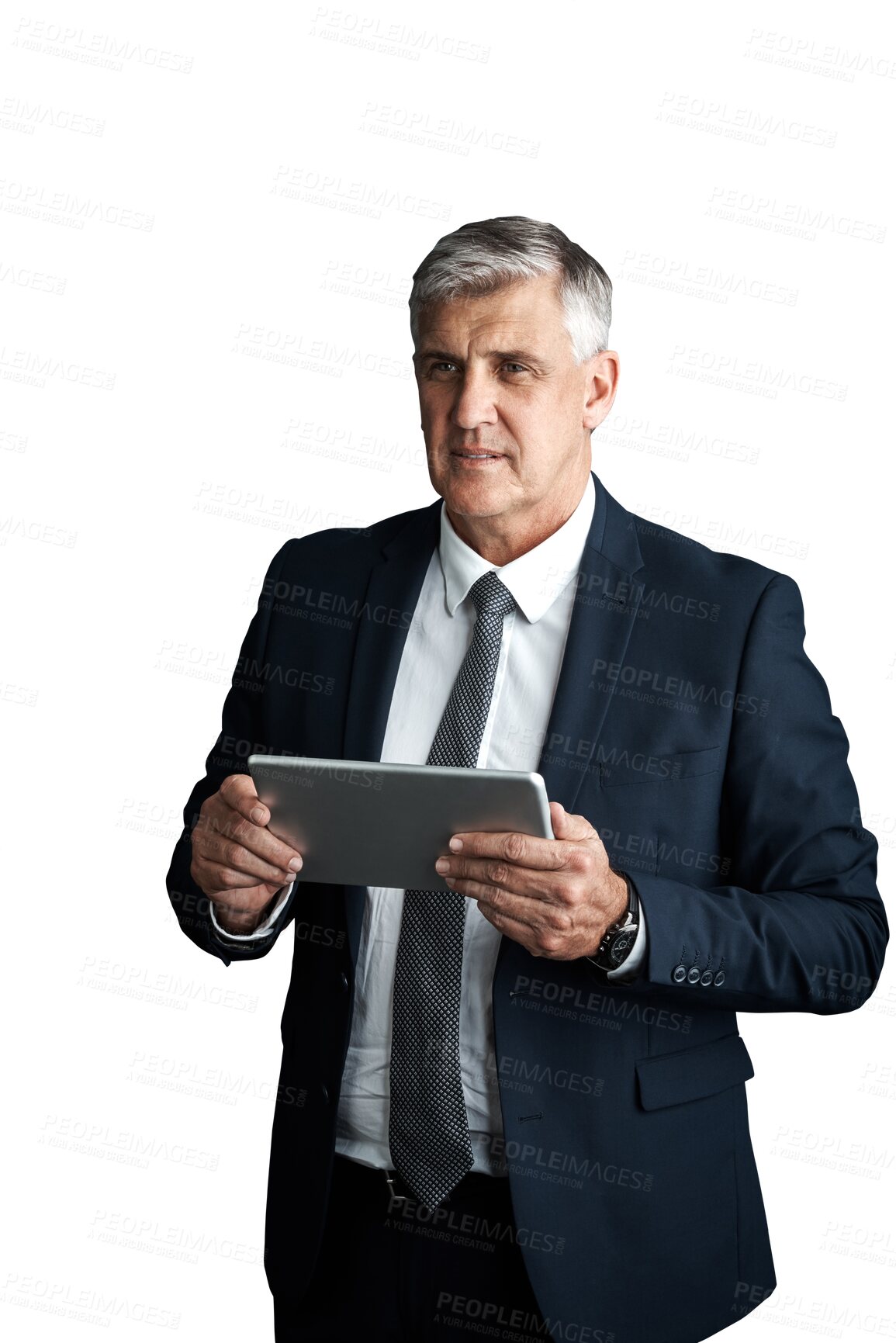 Buy stock photo Senior, businessman or tablet for thinking of company merger and acquisition for growth in industry. Mature manager, executive or internet research for idea or isolated on transparent png background
