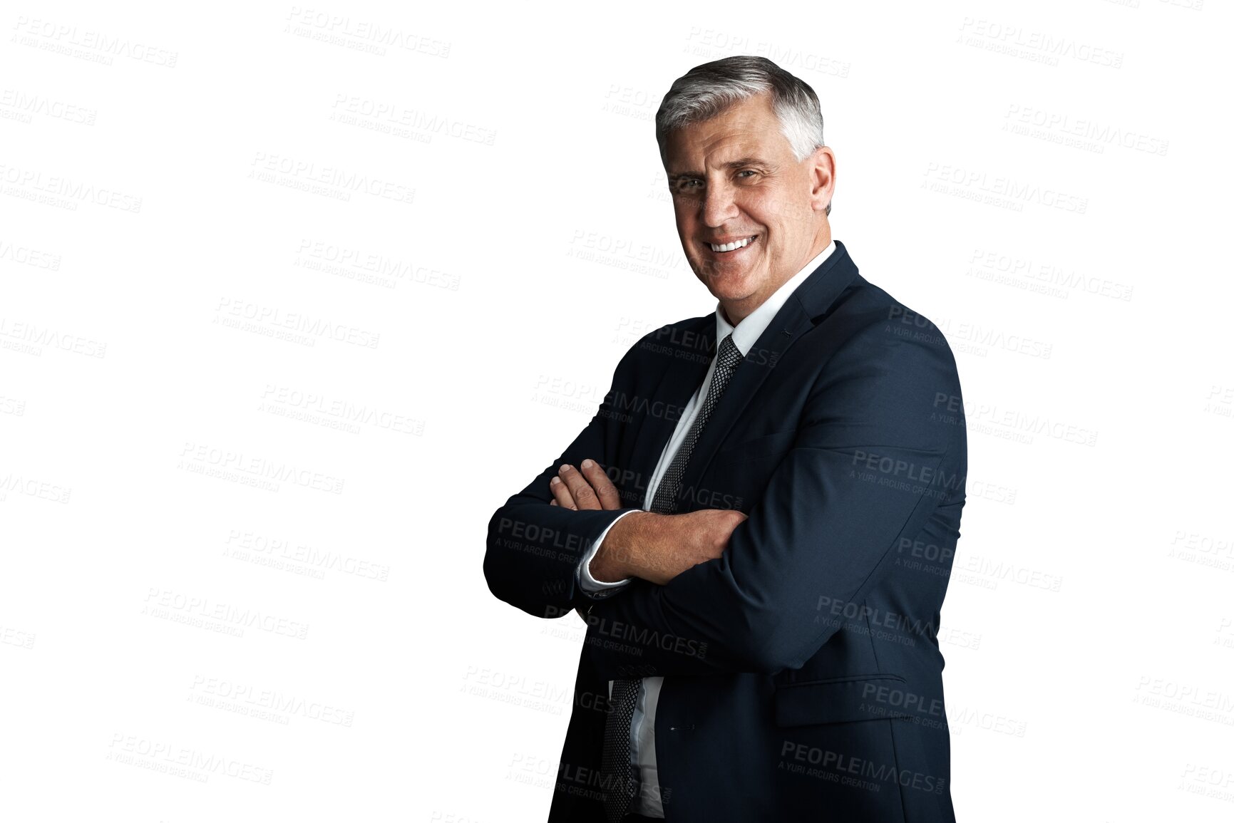 Buy stock photo Senior, businessman and arms crossed in portrait in corporate fashion and confident in formal suit. Mature manager, happy face or smile in professional style or isolated on transparent png background
