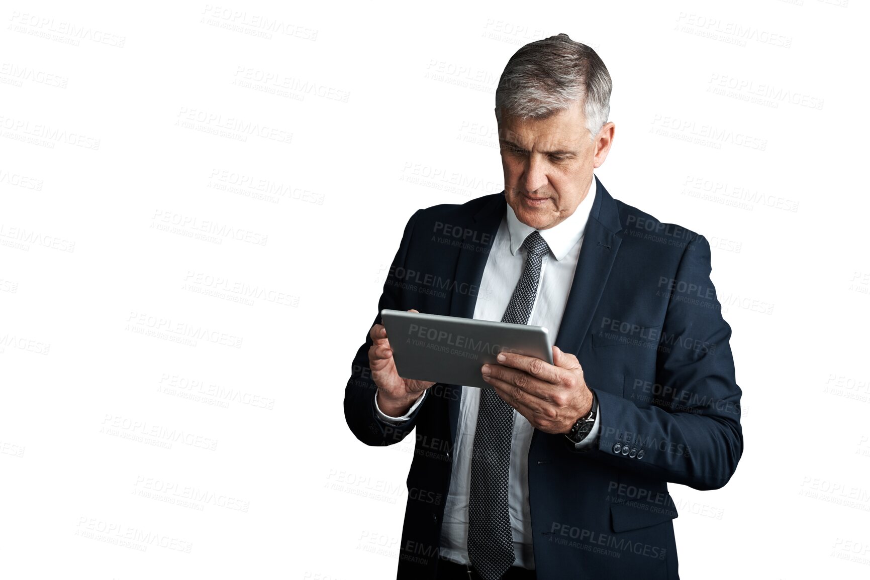 Buy stock photo Senior, businessman or tablet for reading email on company merger or acquisition for growth in industry. Mature manager, executive and internet research and isolated on transparent png background