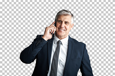 Buy stock photo Senior executive, man in business with phone call for deal negotiation and CEO isolated on png transparent background. Communication, corporate contact and chat on mobile for company with smile