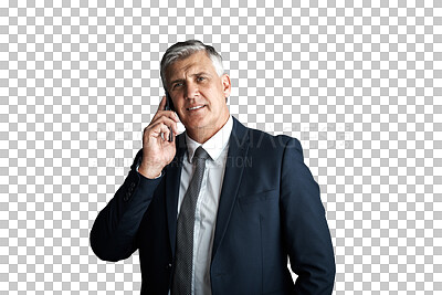 Buy stock photo Senior executive, professional man and phone call for deal negotiation and CEO in portrait isolated on png transparent background. Communication, corporate contact and conversation for business