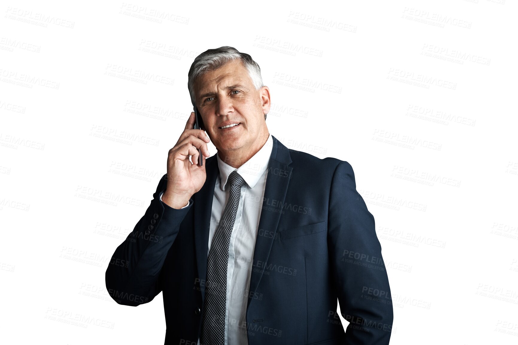 Buy stock photo Senior executive, professional man and phone call for deal negotiation and CEO in portrait isolated on png transparent background. Communication, corporate contact and conversation for business