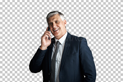 Buy stock photo Mature, businessman and phone call for communication of deal, happy and connection in corporate job. Senior management, executive and talking on cellphone and isolated on transparent png background