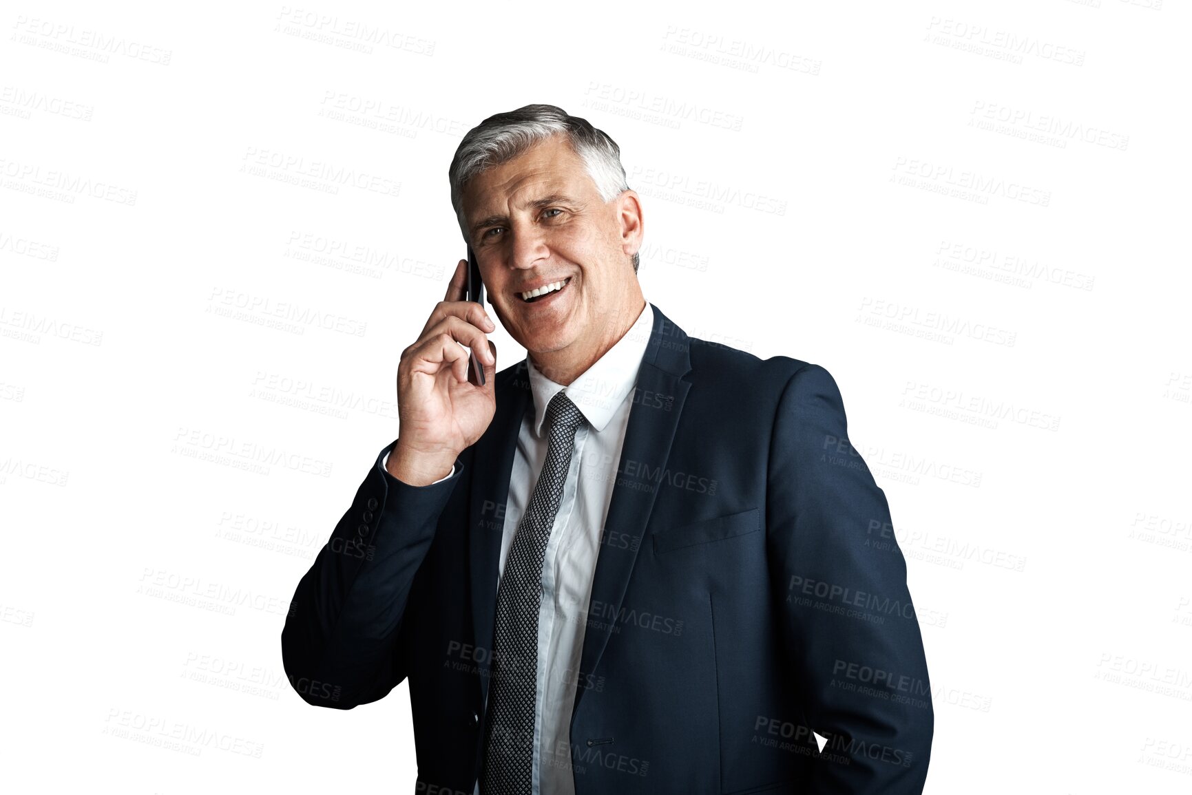 Buy stock photo Mature, businessman and phone call for communication of deal, happy and connection in corporate job. Senior management, executive and talking on cellphone and isolated on transparent png background