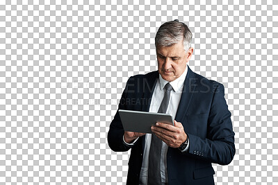 Buy stock photo Mature, businessman or tablet for reading email on company merger or acquisition for growth in industry. Senior manager, executive and internet research and isolated on transparent png background