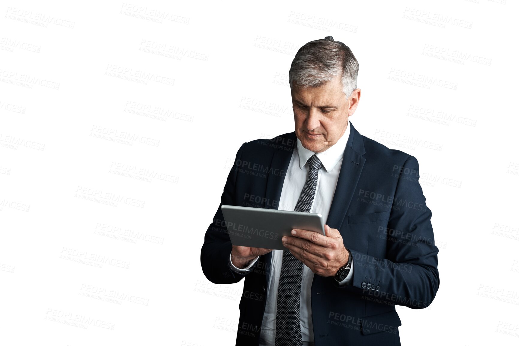 Buy stock photo Mature, businessman or tablet for reading email on company merger or acquisition for growth in industry. Senior manager, executive and internet research and isolated on transparent png background