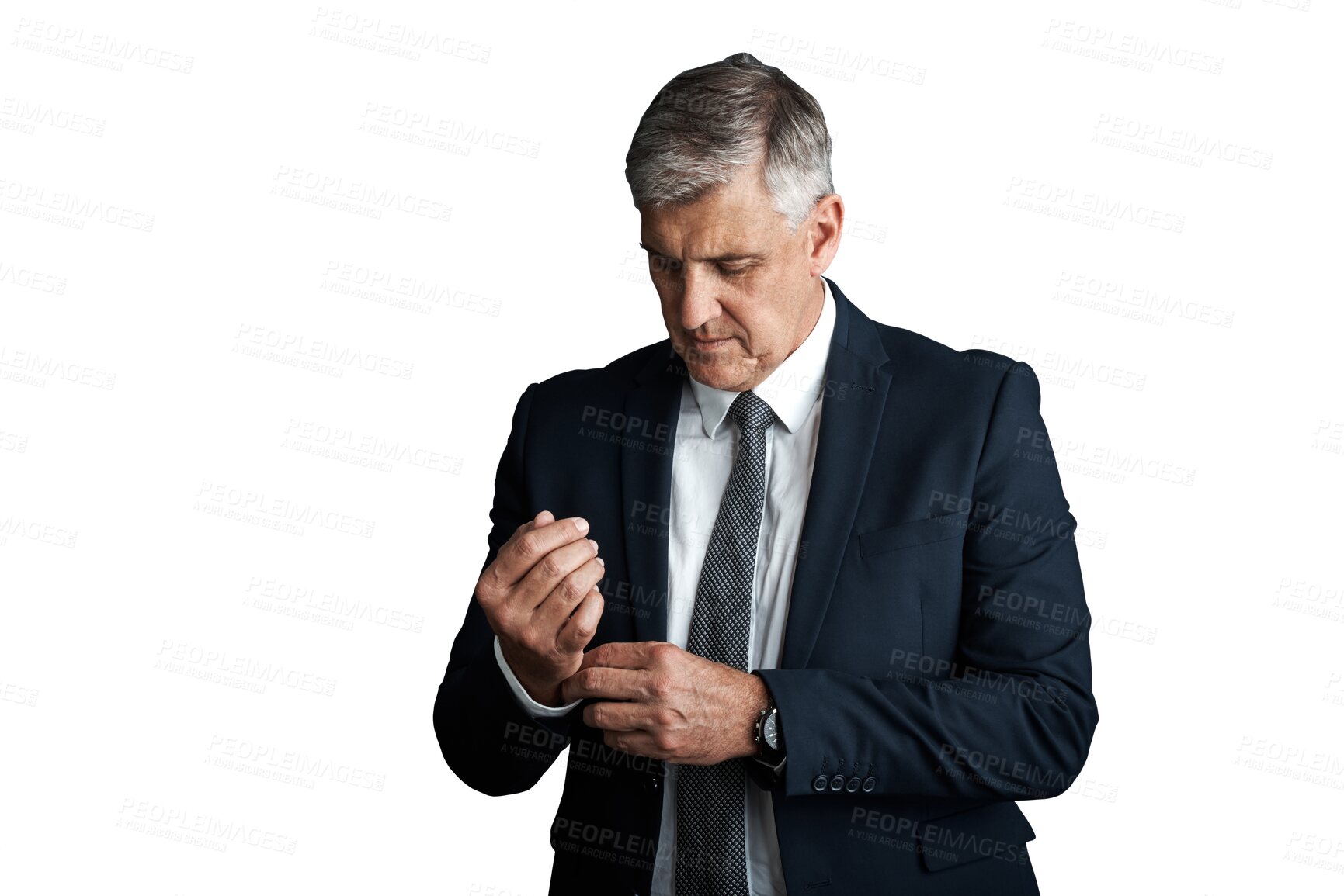 Buy stock photo Businessman, confident and executive with professional style, fashion suit and cuffs for corporate career. Senior management, director and formal clothes and isolated on transparent png background