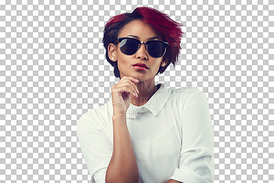 Buy stock photo Fashion, confidence and portrait of woman with sunglasses on isolated, png and transparent background. Attractive, attitude and face of person in stylish outfit, trendy accessories and casual clothes